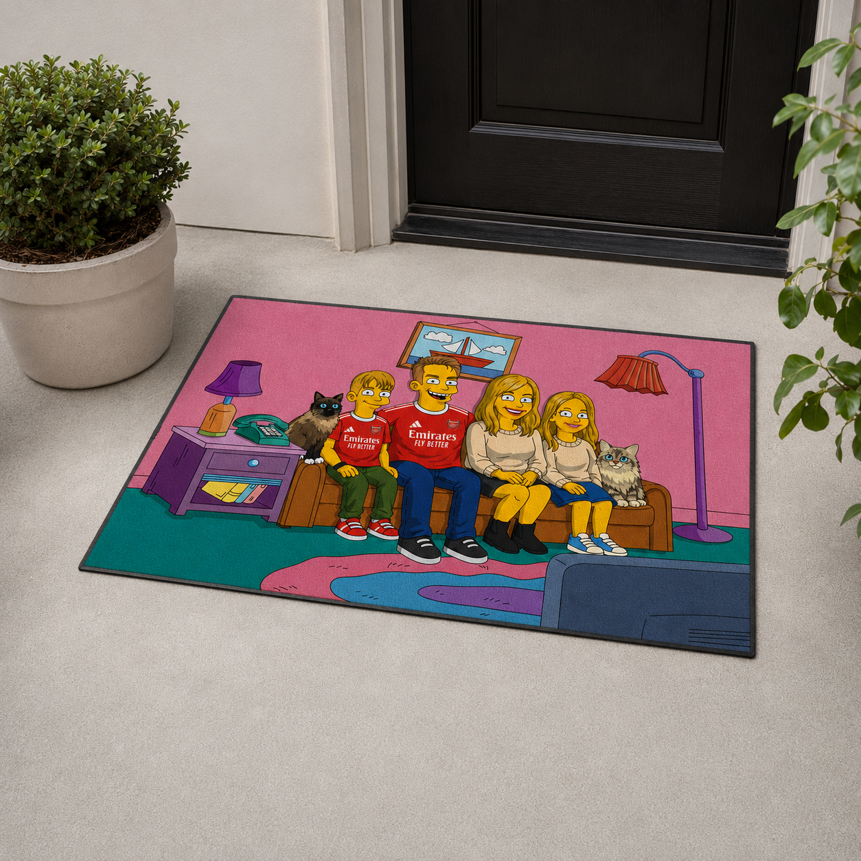 Detail of a custom printed outdoor doormat with a slim black rubber edge