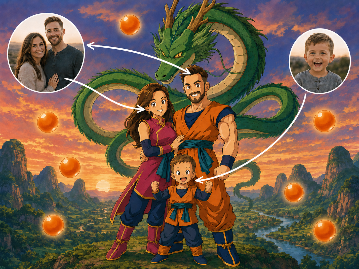 Custom Dragon Ball Z family portrait with emerald wish dragon