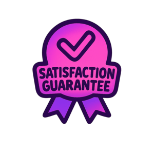 Stylized 'Satisfaction Guarantee' badge with a check mark on a green background
