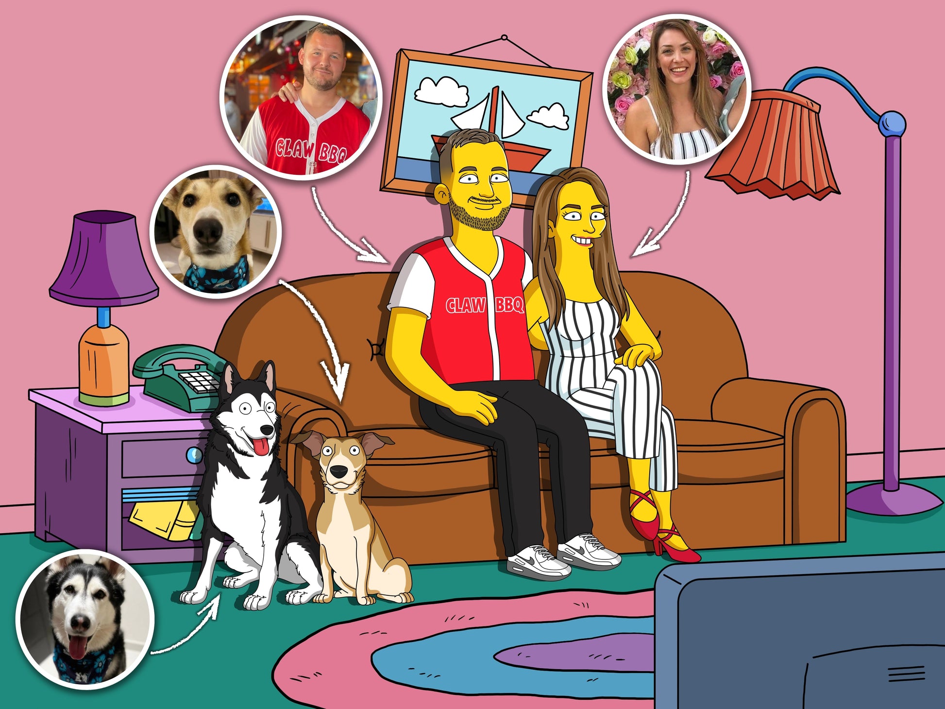 Simpsons style cartoon portrait – custom yellow family artwork