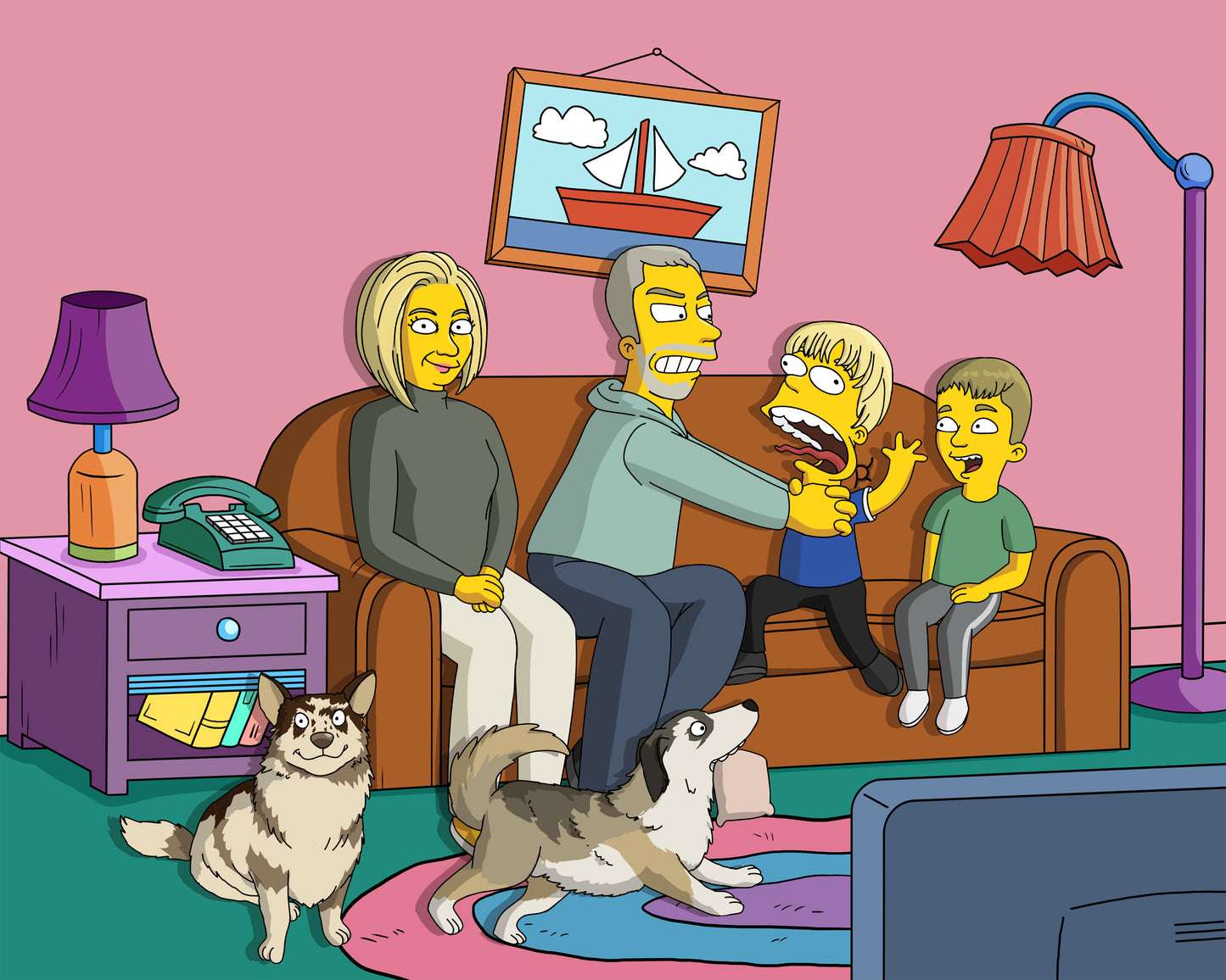 Simpsons style cartoon portrait – custom yellow family artwork