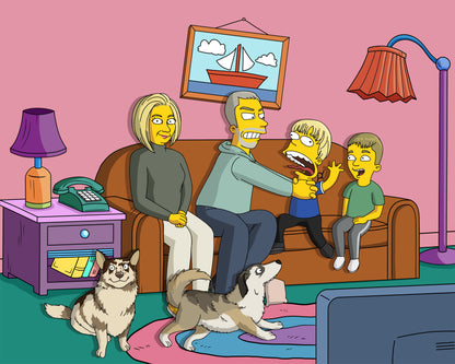 Simpsons style cartoon portrait – custom yellow family artwork