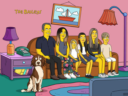 Simpsons style cartoon portrait – custom yellow family artwork