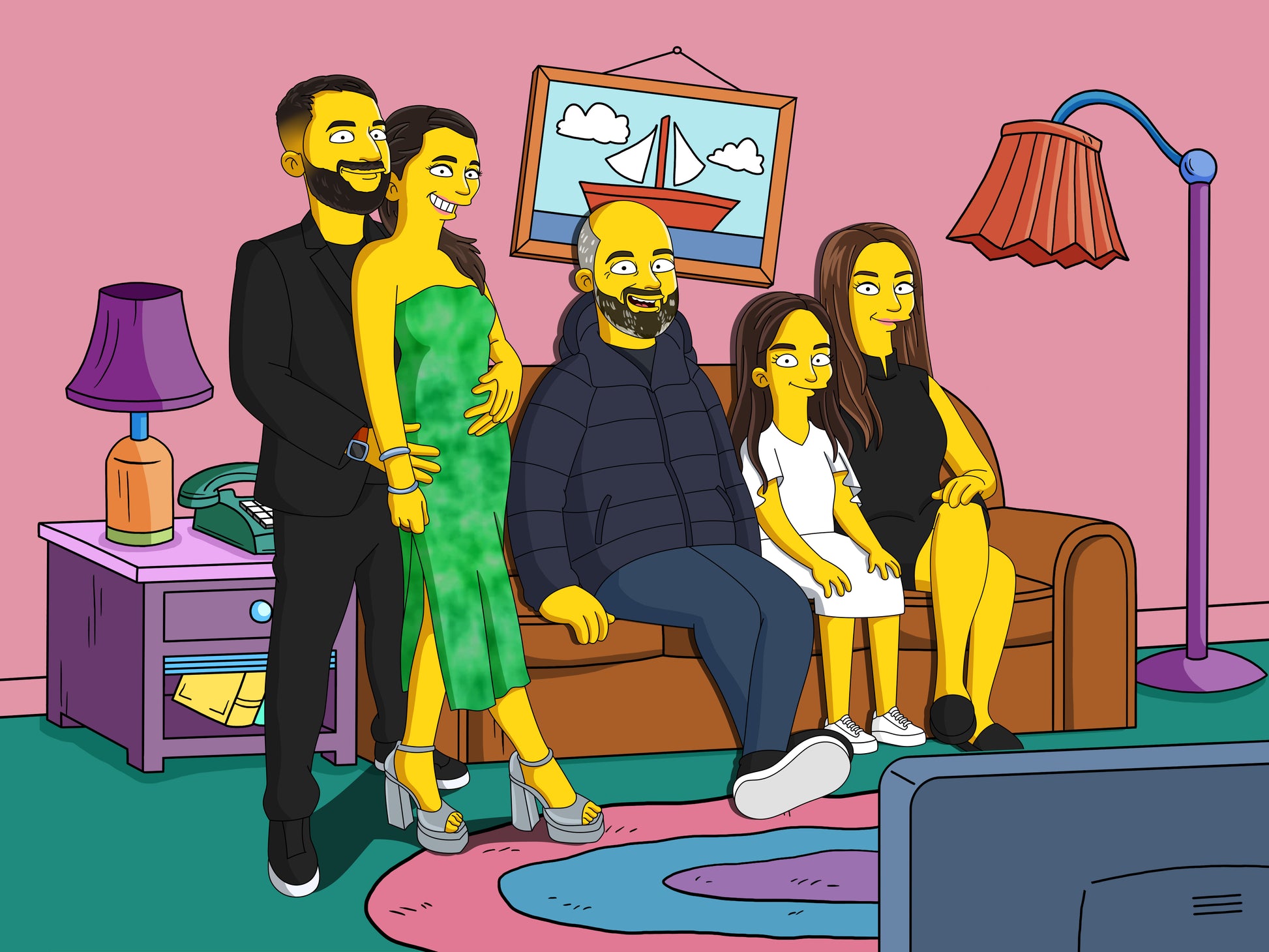 Simpsons style cartoon portrait – custom yellow family artwork