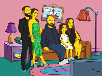 Simpsons style cartoon portrait – custom yellow family artwork