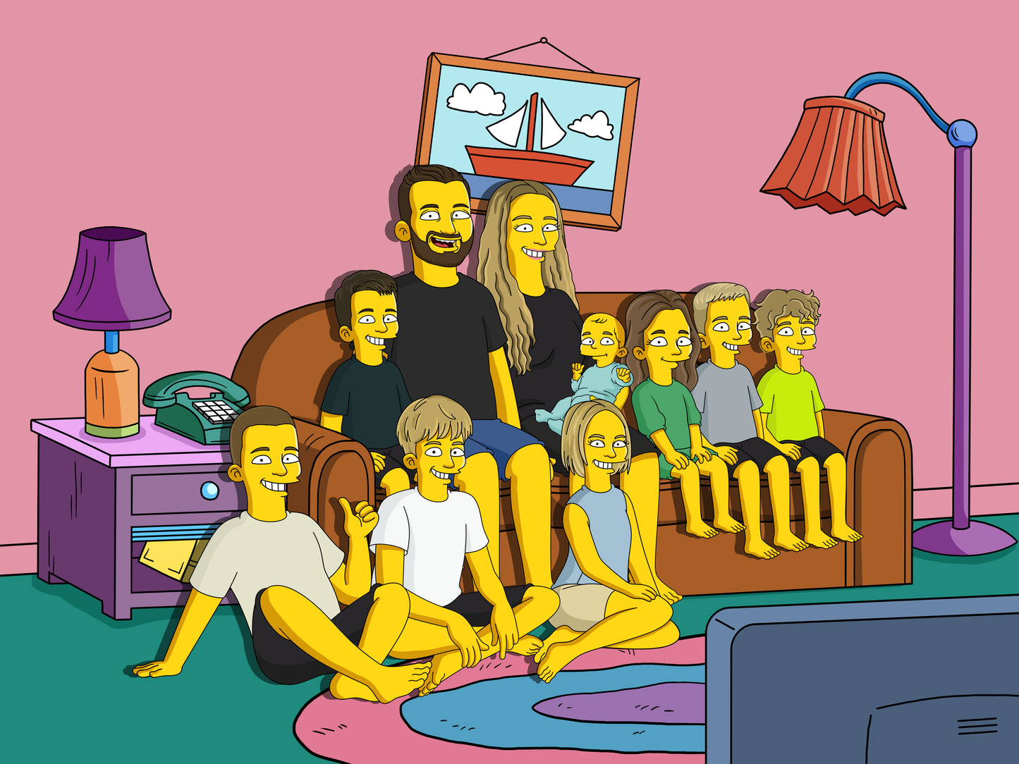 Simpsons style cartoon portrait – custom yellow family artwork