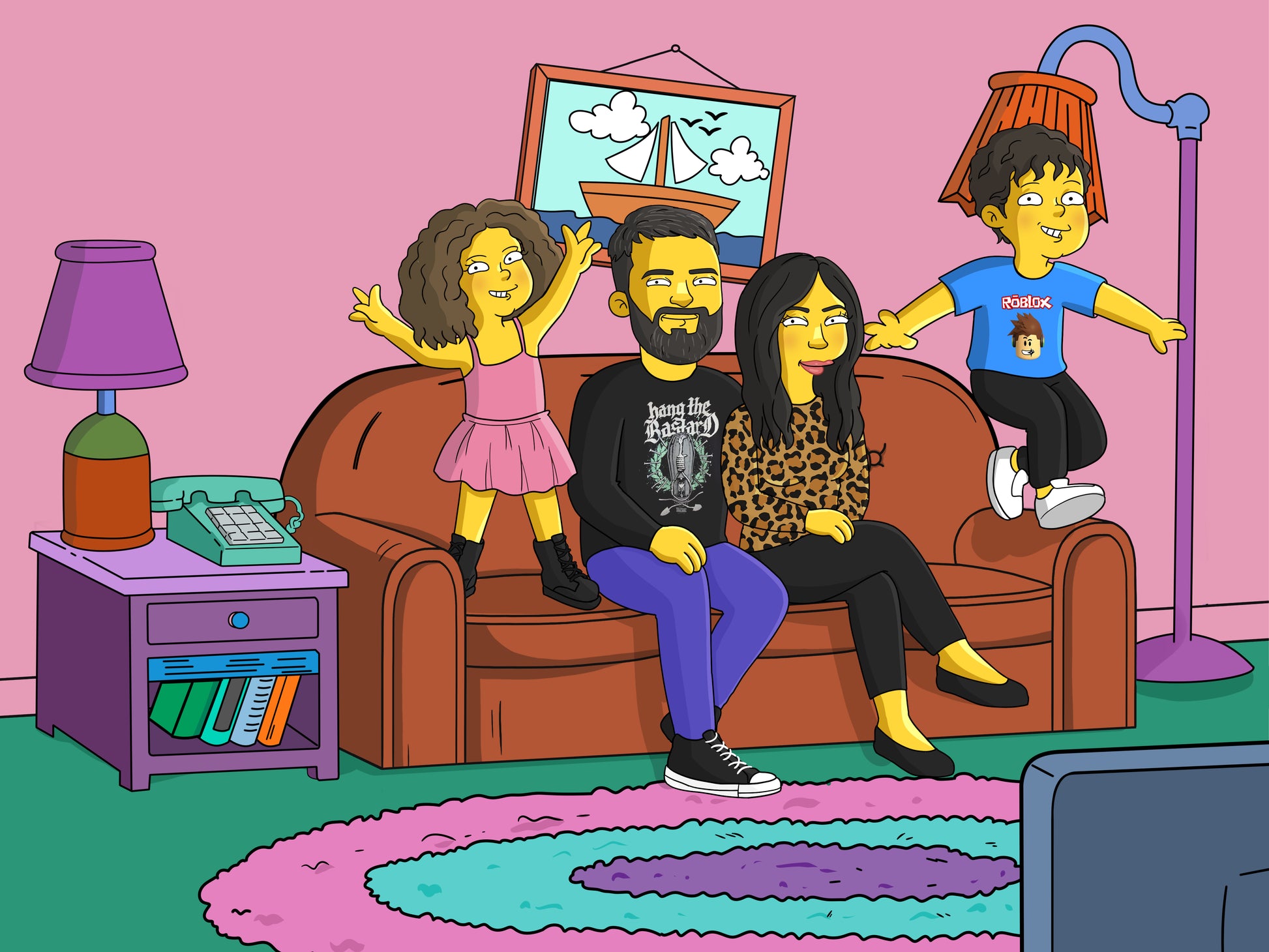 Simpsons style cartoon portrait – custom yellow family artwork