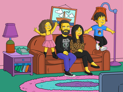 Simpsons style cartoon portrait – custom yellow family artwork