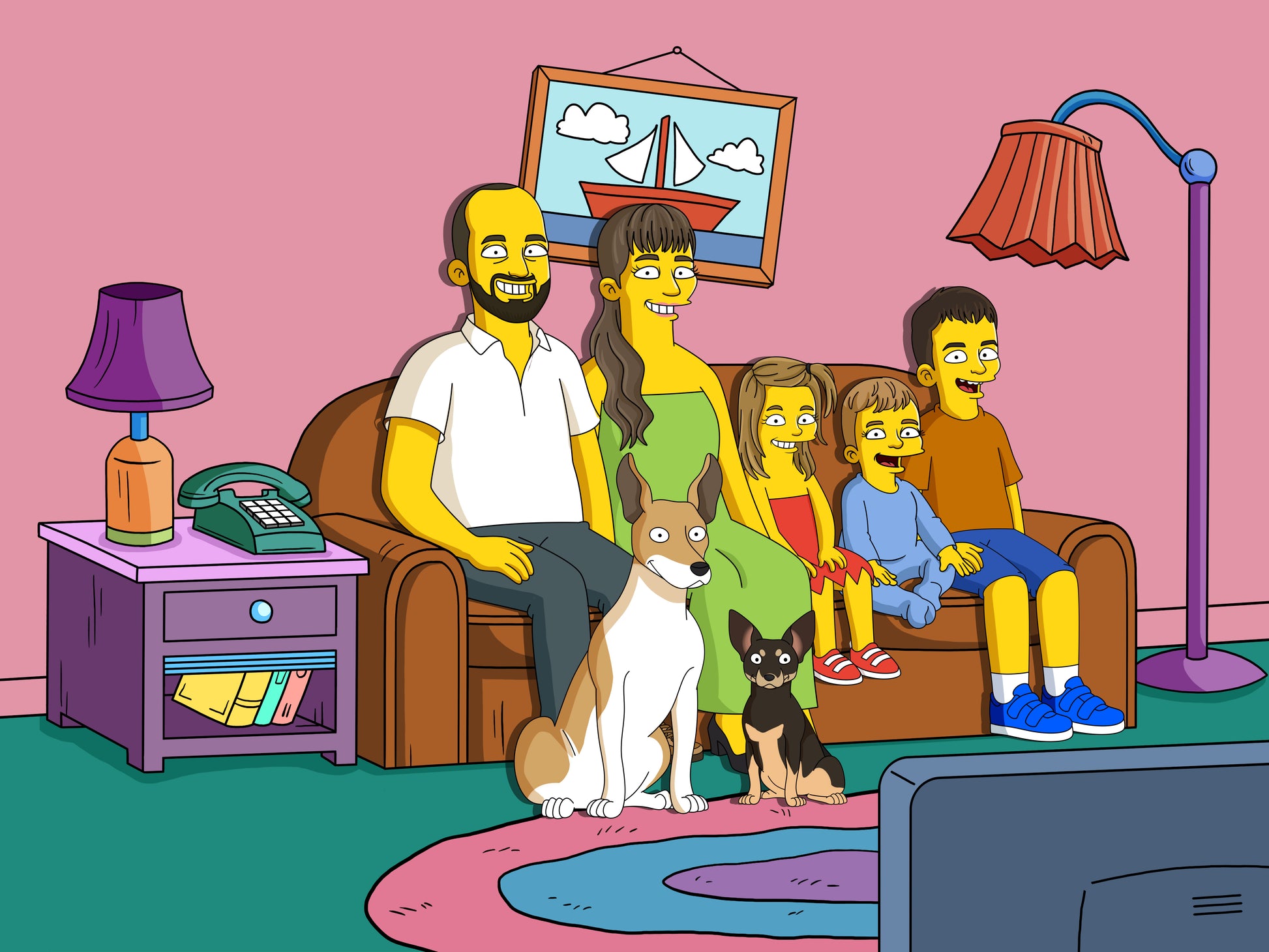 Simpsons style cartoon portrait – custom yellow family artwork