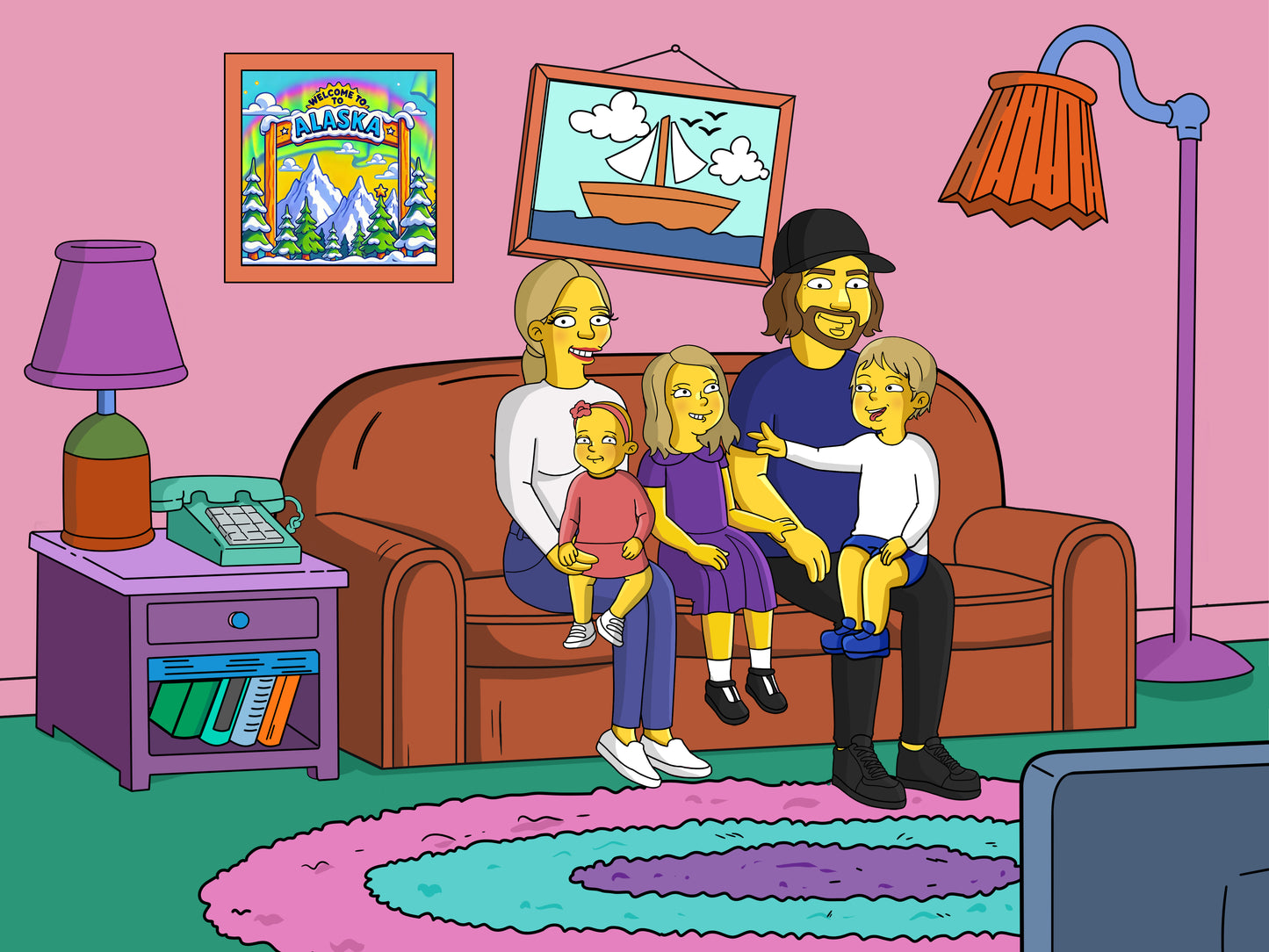 Simpsons style cartoon portrait – custom yellow family artwork