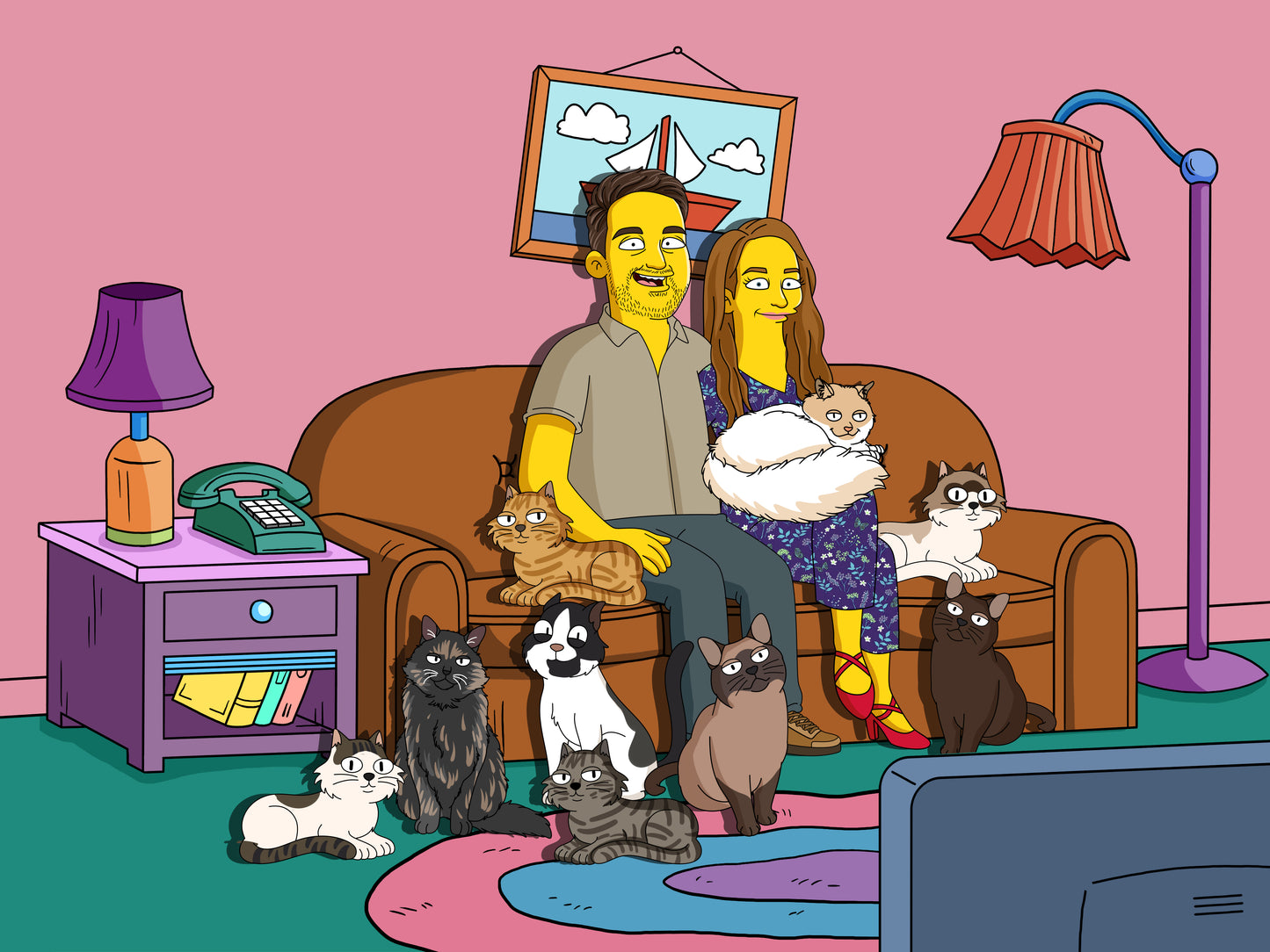 Simpsons style cartoon portrait – custom yellow family artwork
