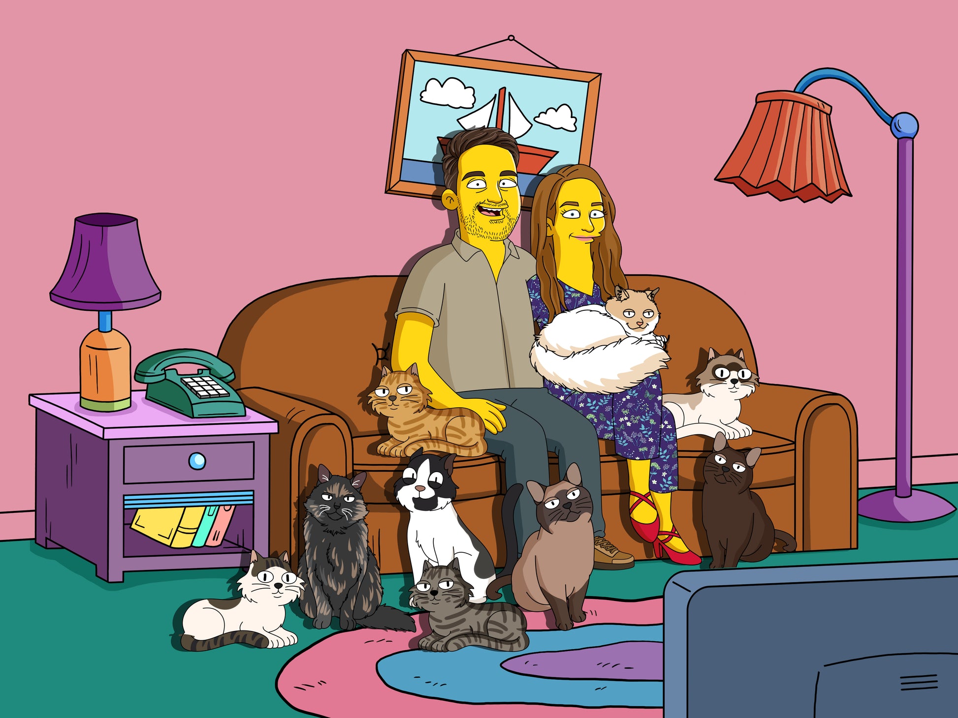 Simpsons style cartoon portrait – custom yellow family artwork