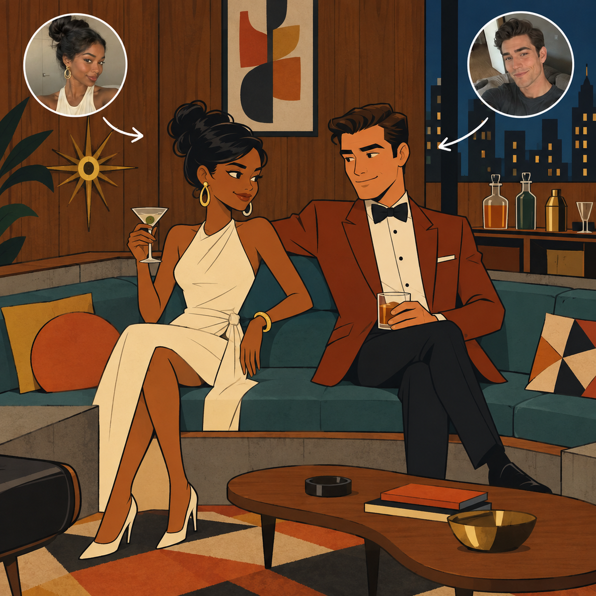 Custom Archer-style couple portrait in a mid-century apartment