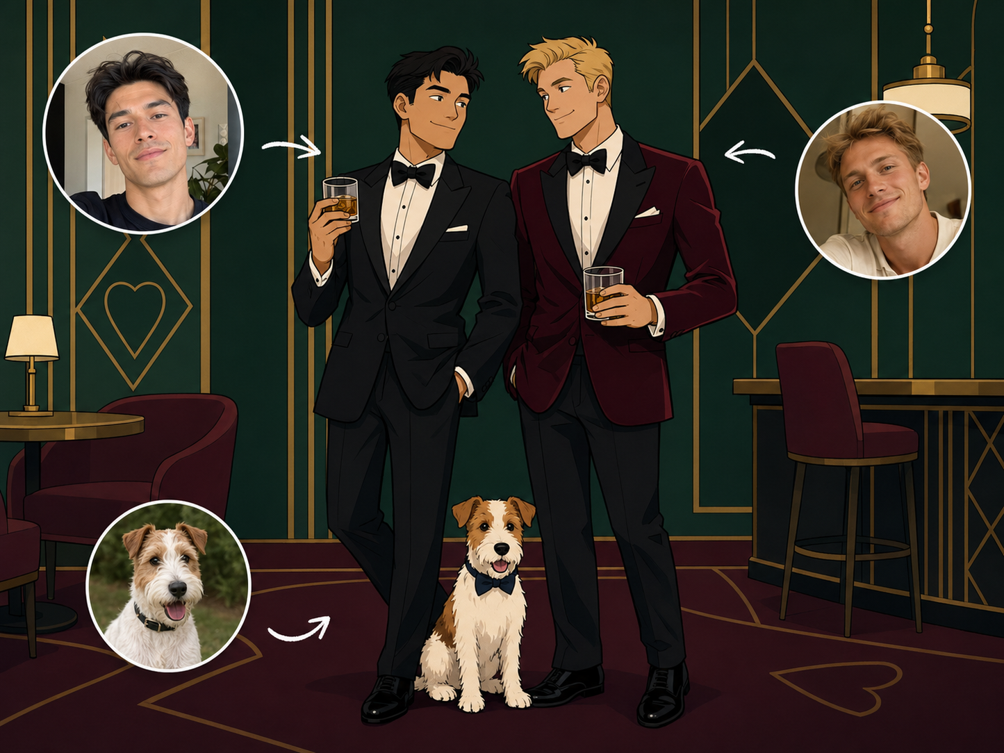 Custom Archer-style couple and terrier portrait from customer photos
