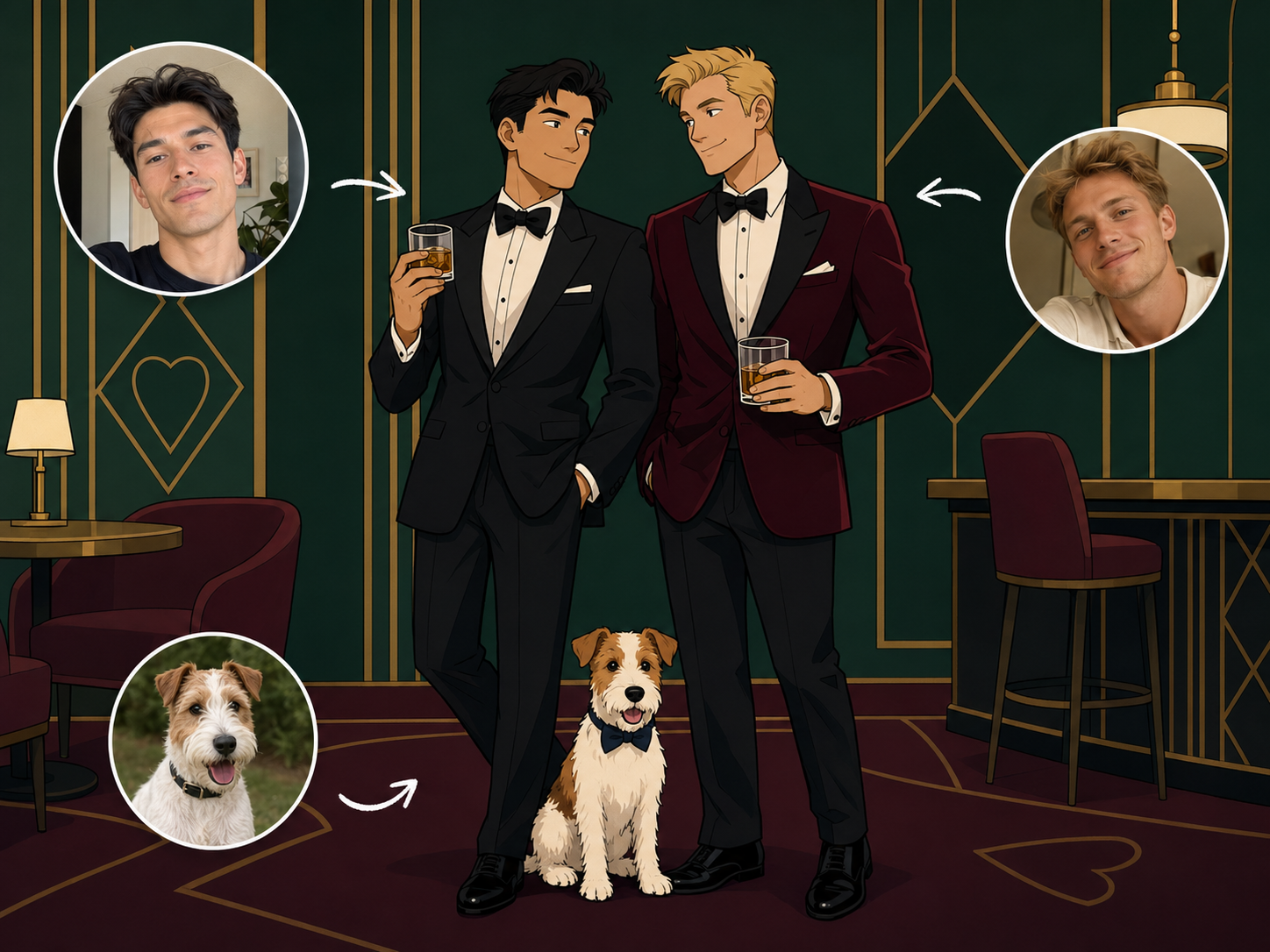 Custom Archer-style couple and terrier portrait from customer photos