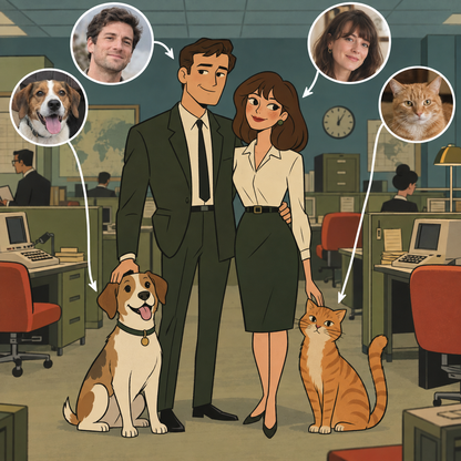 Custom Archer-style portrait of a couple with a dog and cat in a spy agency office