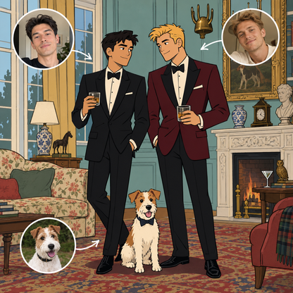 Custom Archer-style portrait of a couple and terrier in an old manor