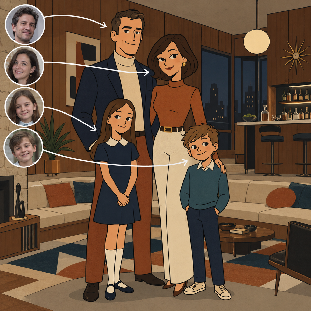 Custom Archer-style family portrait in a mid-century apartment