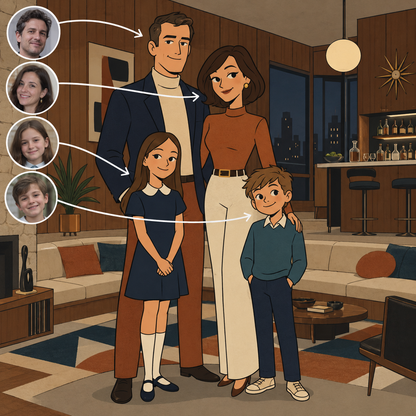 Custom Archer-style family portrait in a mid-century apartment