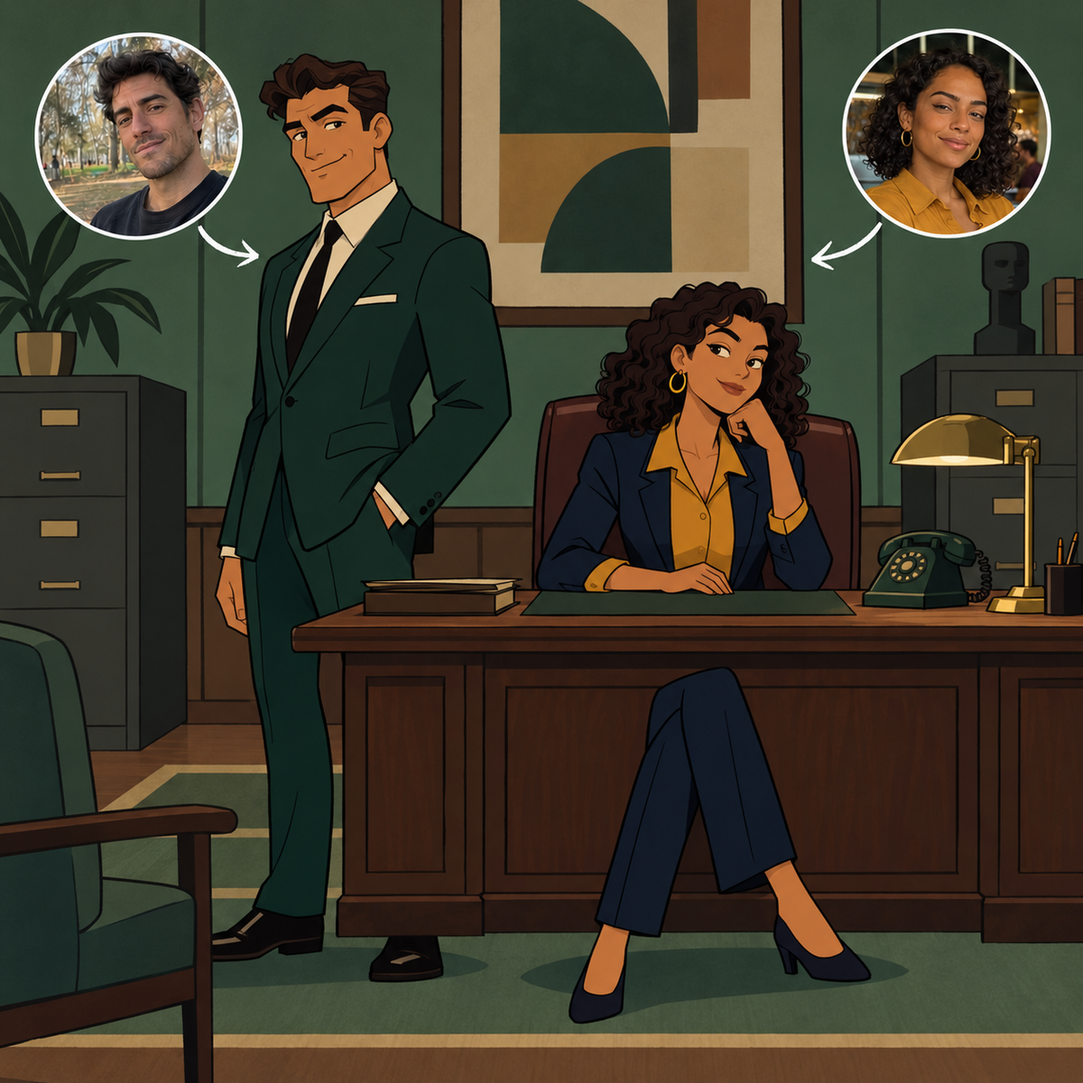 Custom Archer-style father and daughter portrait in an executive spy office