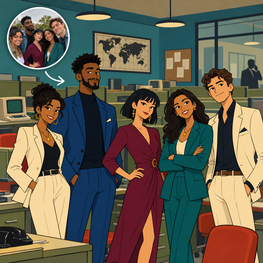 Custom Archer-style portrait of five friends in a retro spy agency office