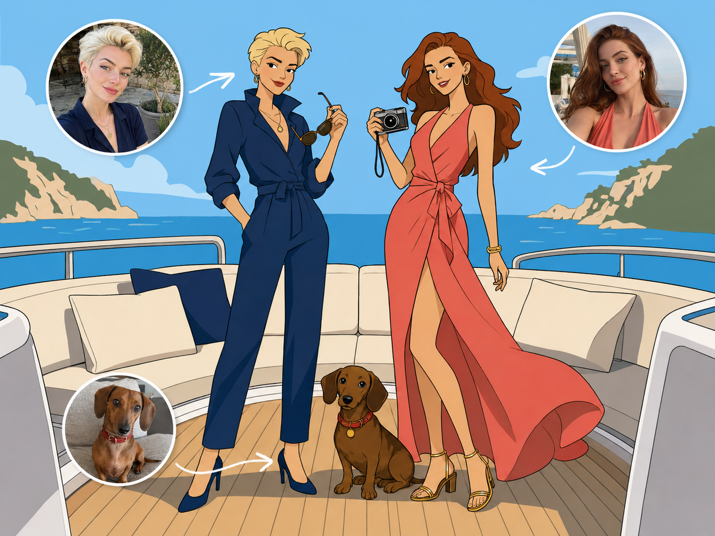 Custom Archer-style portrait of two friends and a dog on a yacht
