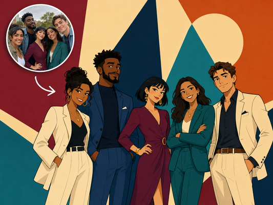 Custom Archer-style group portrait of five friends from a photo
