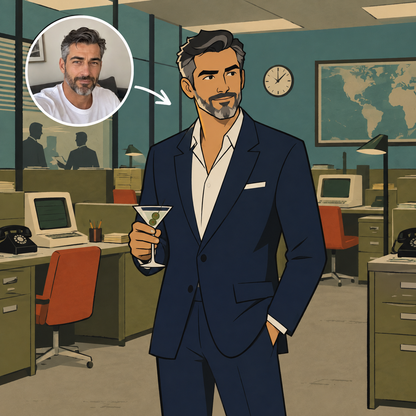 Custom Archer-style portrait of a man in a retro spy agency office