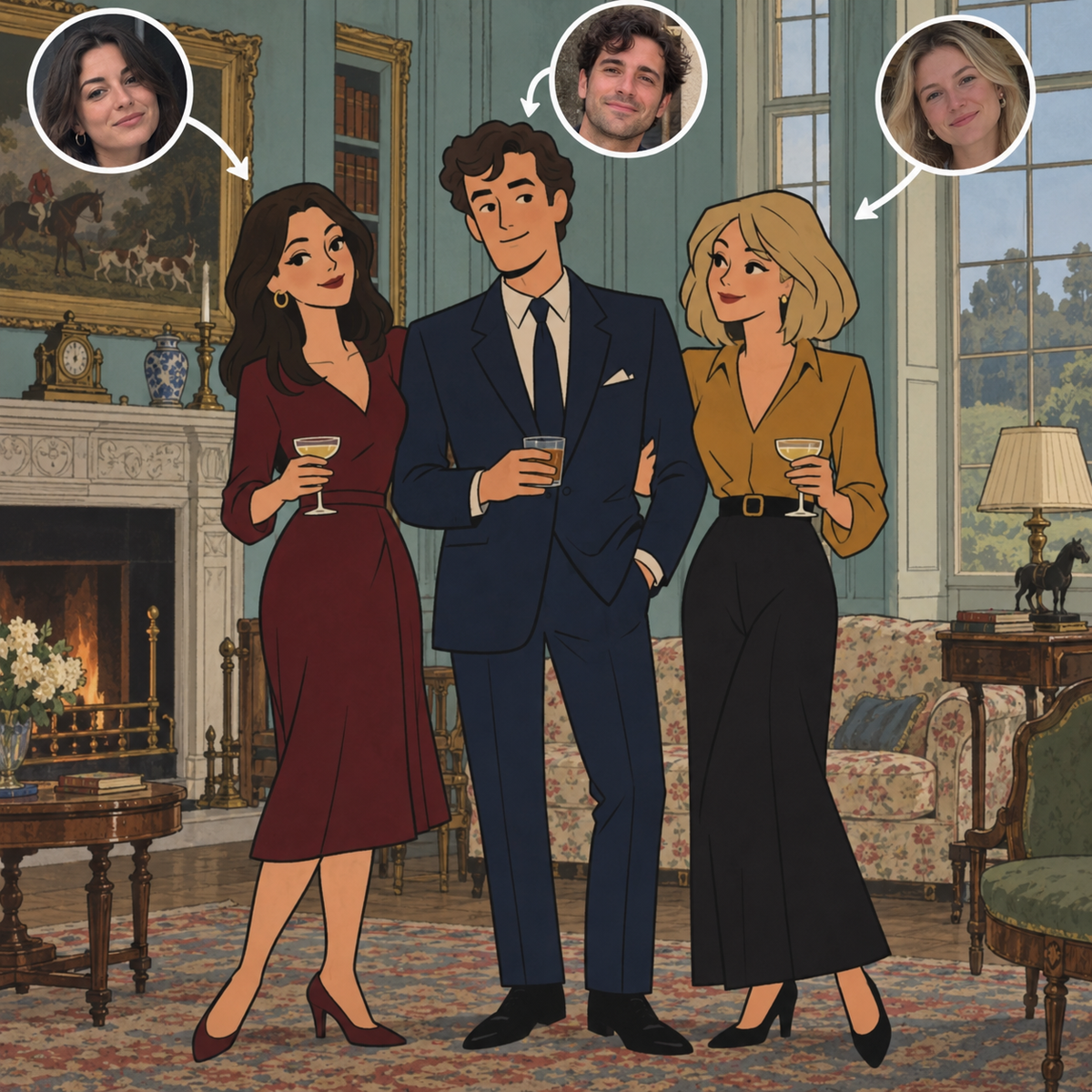 Custom Archer-style portrait of three friends in an old manor