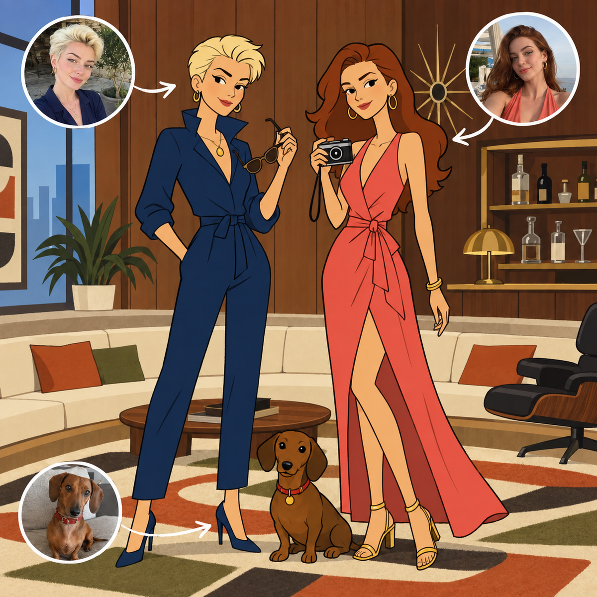 Custom Archer-style portrait of two friends and a dog in a mid-century apartment