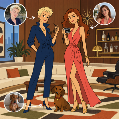 Custom Archer-style portrait of two friends and a dog in a mid-century apartment