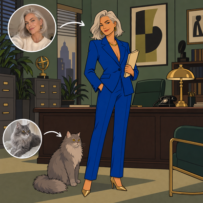 Custom Archer-style portrait of a woman and cat in an executive spy office