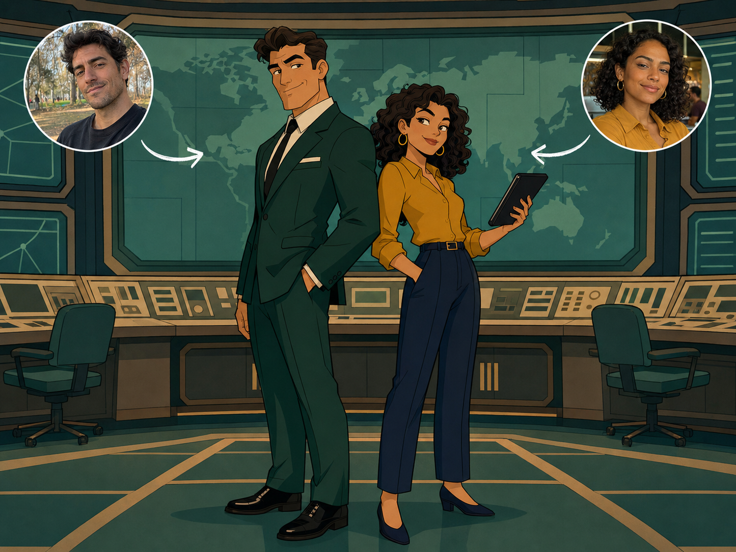 Archer-style custom father and daughter portrait from reference photos