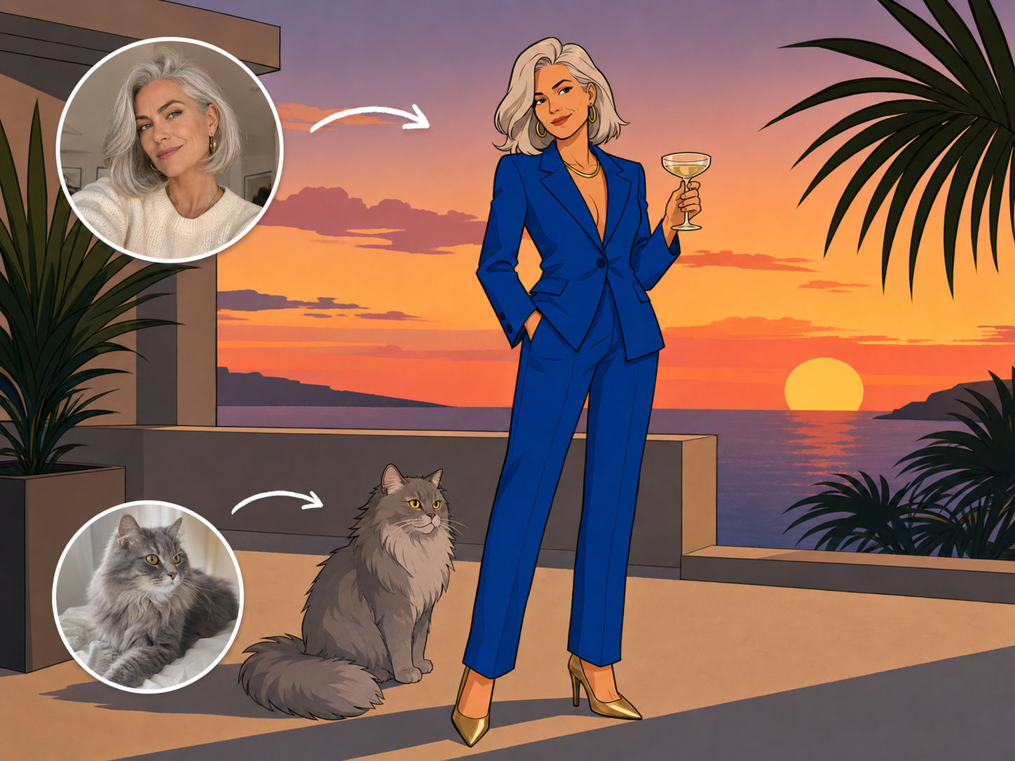 Archer-style custom woman and cat portrait drawn from photos