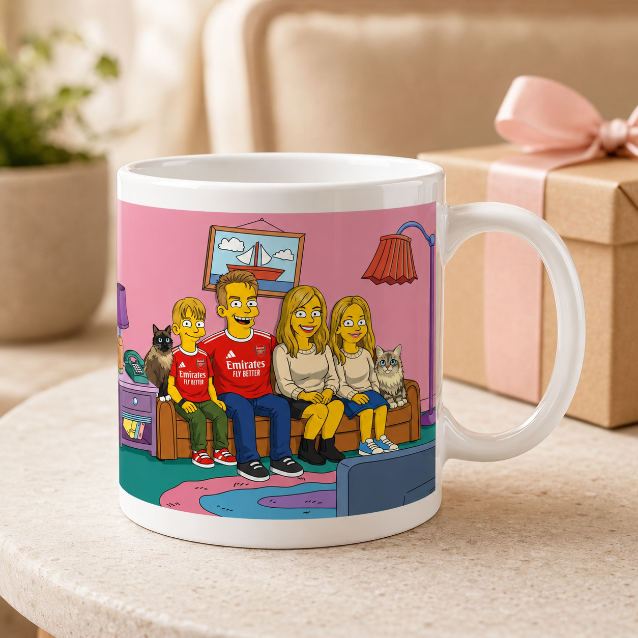 Personalized cartoon family portrait mug presented as a gift
