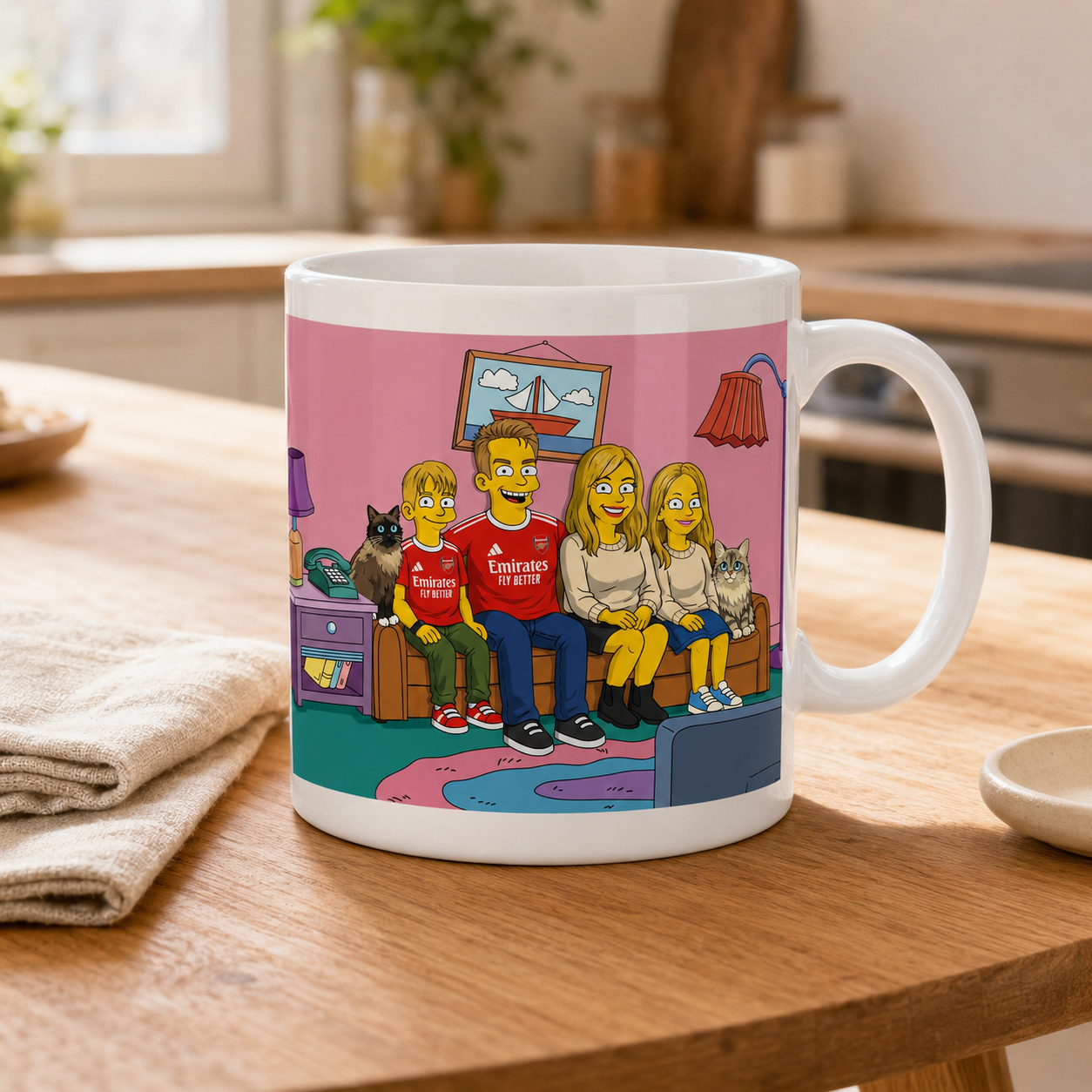 Personalized cartoon portrait mug on a wooden kitchen table