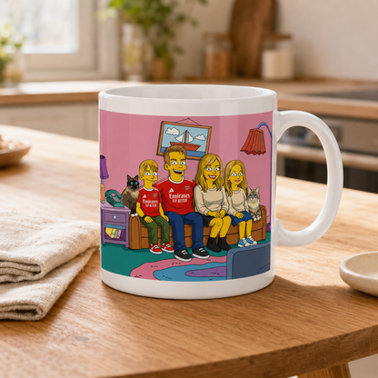 Personalized cartoon portrait mug on a wooden kitchen table