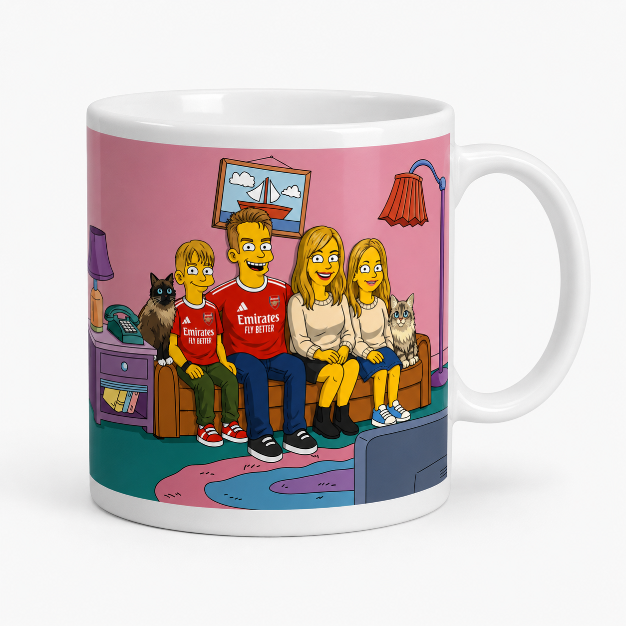 Custom family cartoon portrait printed on a white ceramic 11 oz mug – studio product view