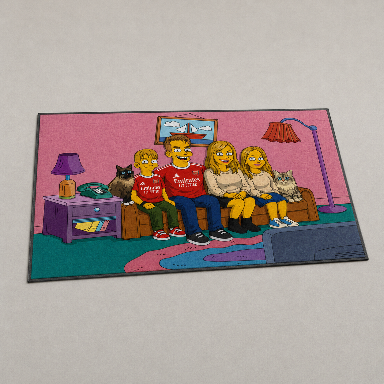 Custom family portrait printed on a 24 x 36 inch outdoor doormat with a slim black edge