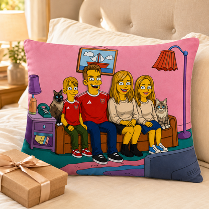 Personalized cartoon family portrait pillow presented as a gift