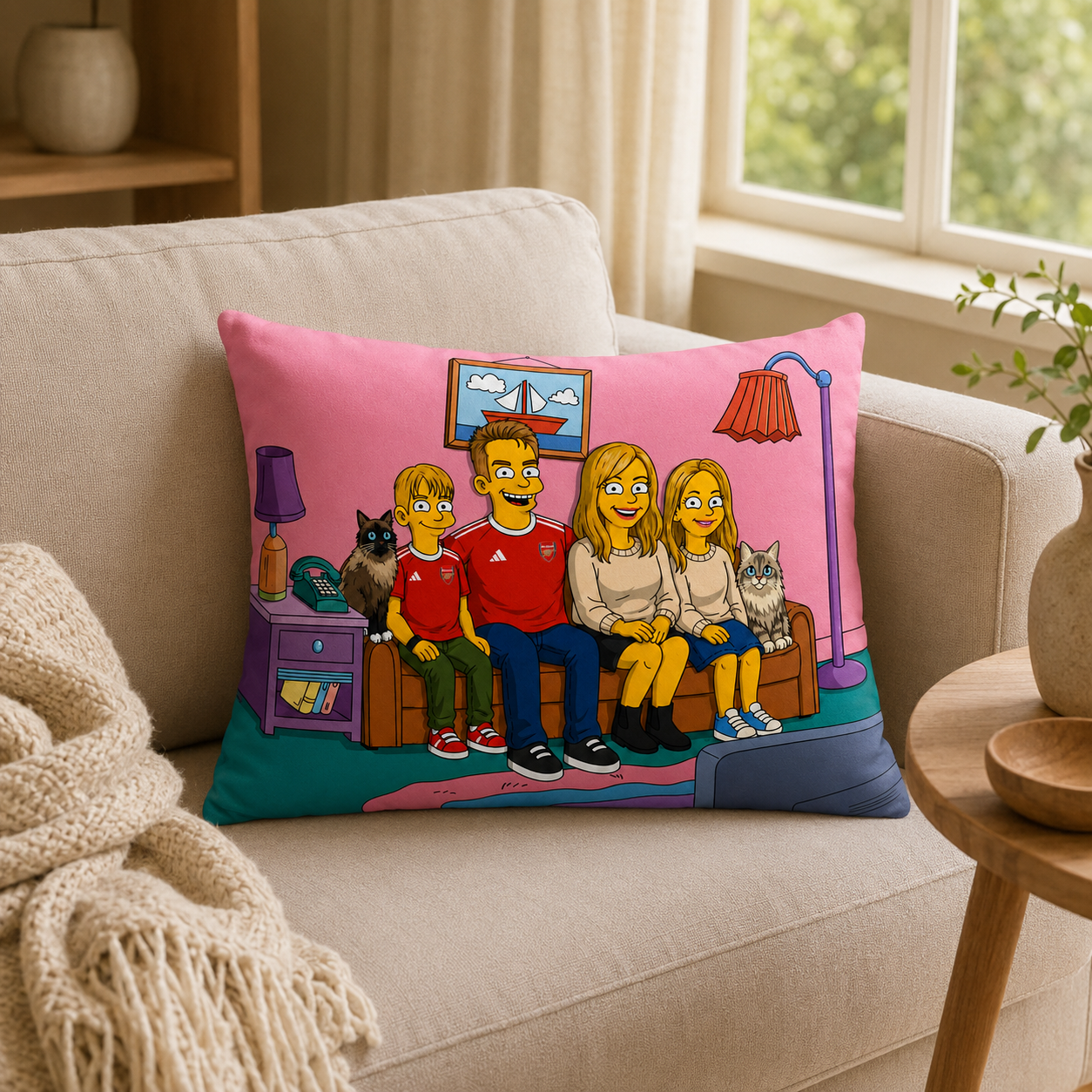 Personalized cartoon portrait pillow on a beige living room sofa