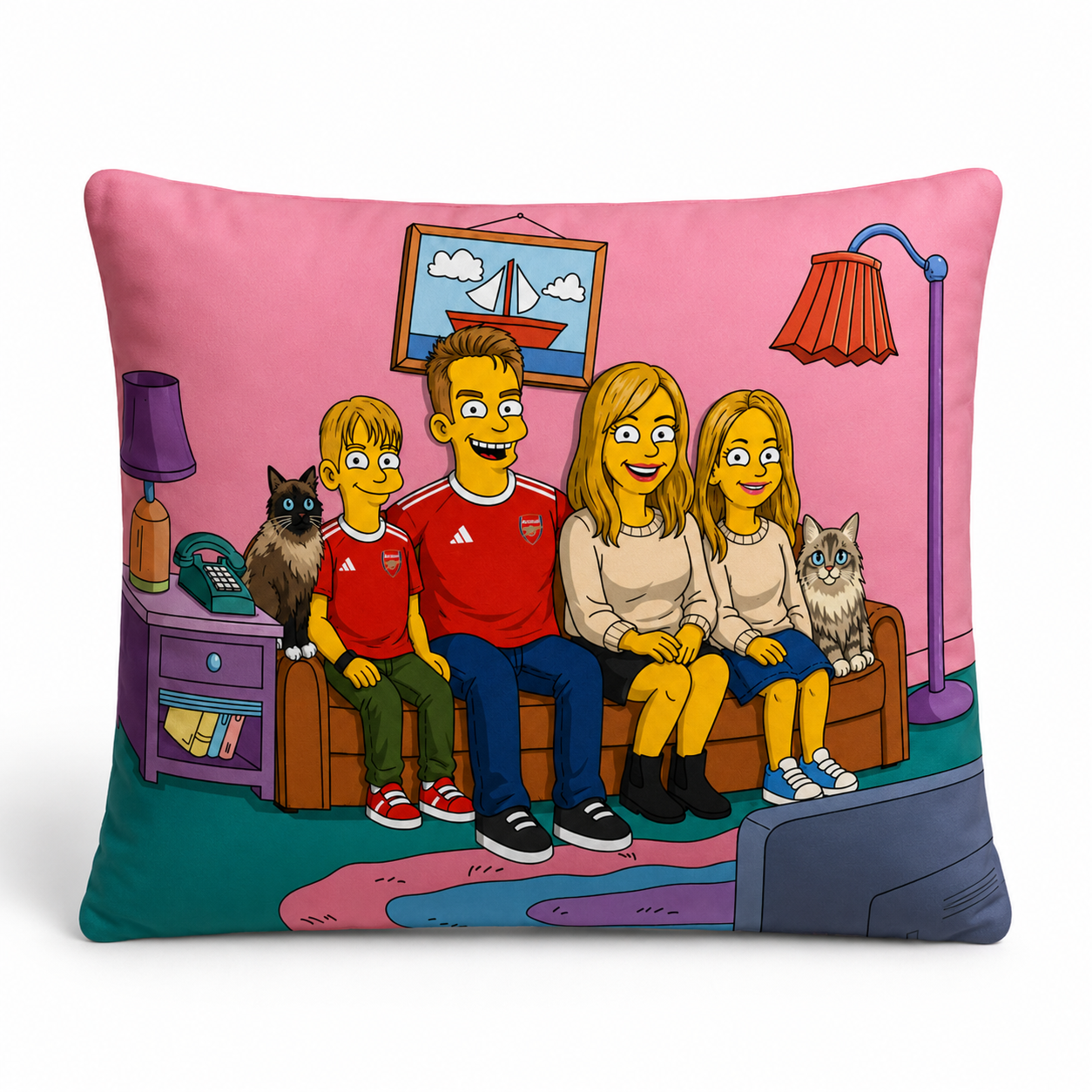 Custom cartoon family portrait printed on a 12 x 16 inch polyester pillow – studio view