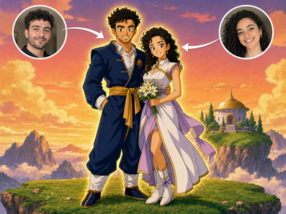 Dragon Ball Z style custom anniversary couple portrait at sunset