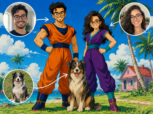 Dragon Ball Z style custom couple and dog portrait from photos