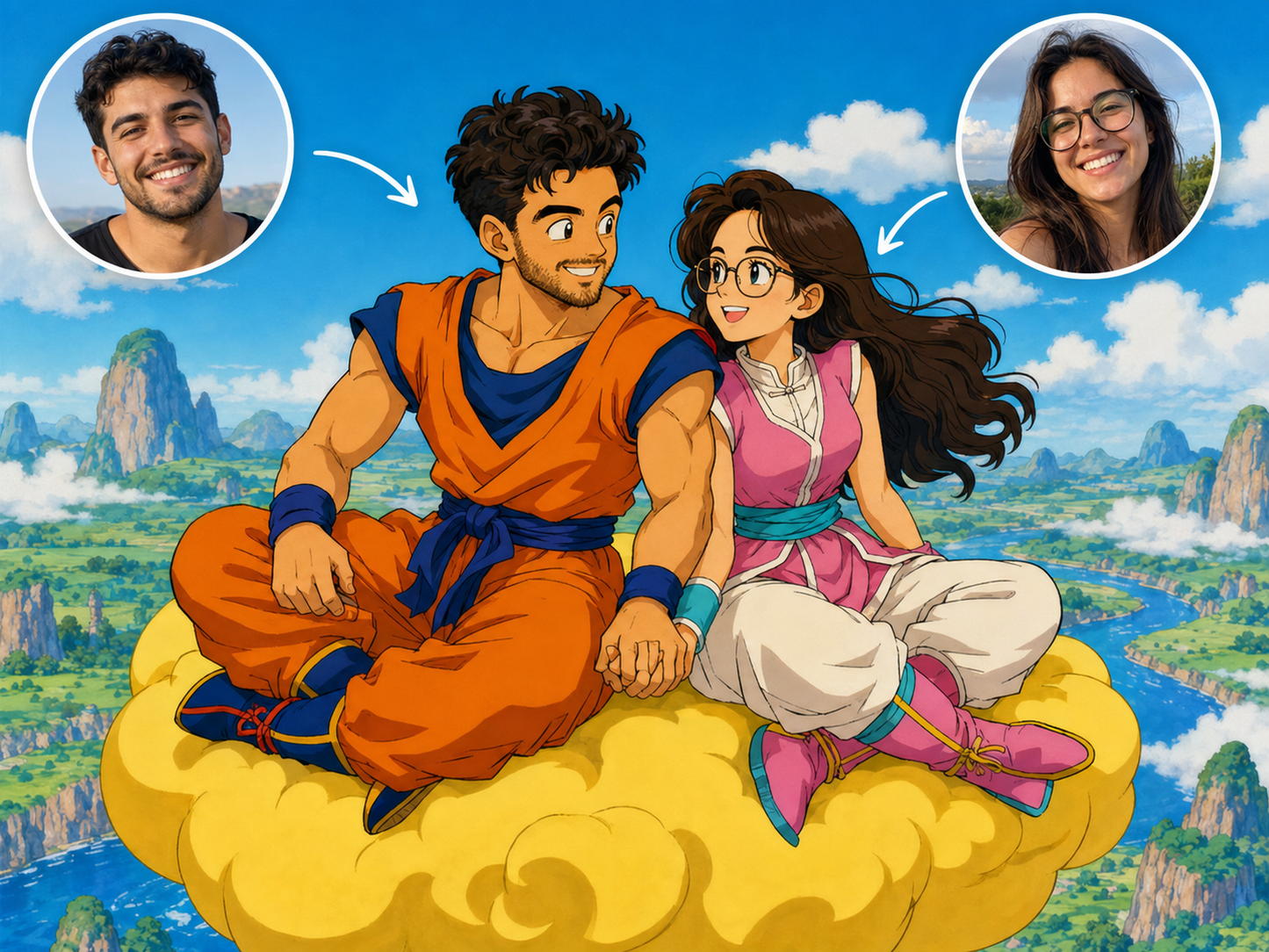 Dragon Ball Z inspired custom couple portrait on a flying cloud