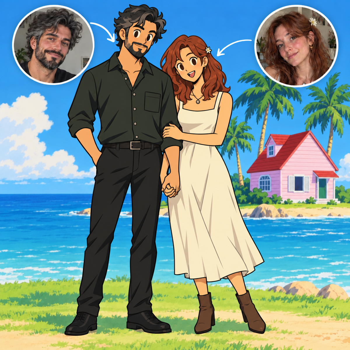 Custom Dragon Ball Z couple portrait at Kame House with original photo references
