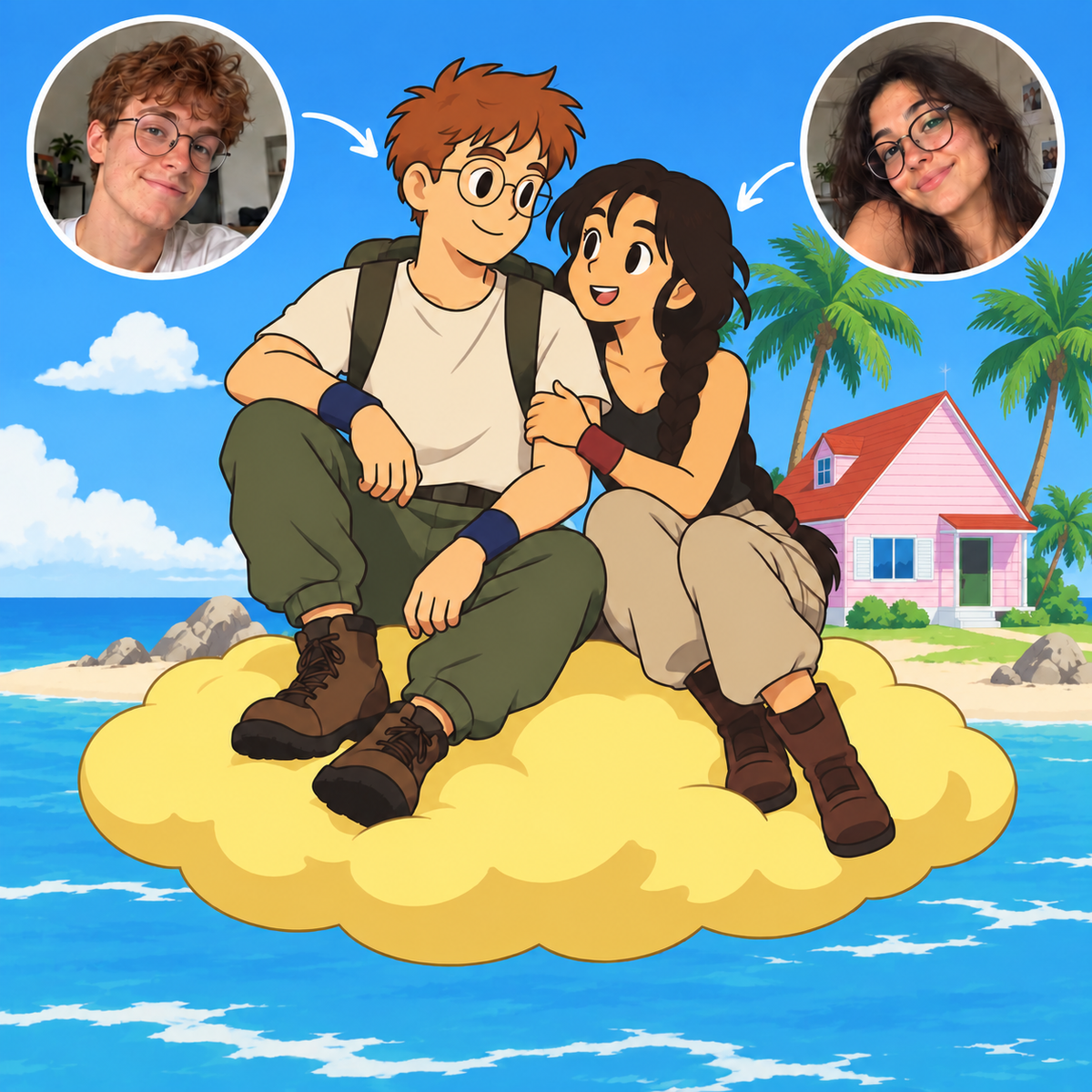 Custom Dragon Ball Z portrait of a couple at Kame House with original photo references
