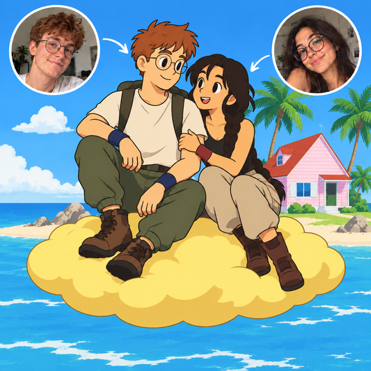 Custom Dragon Ball Z portrait of a couple at Kame House with original photo references