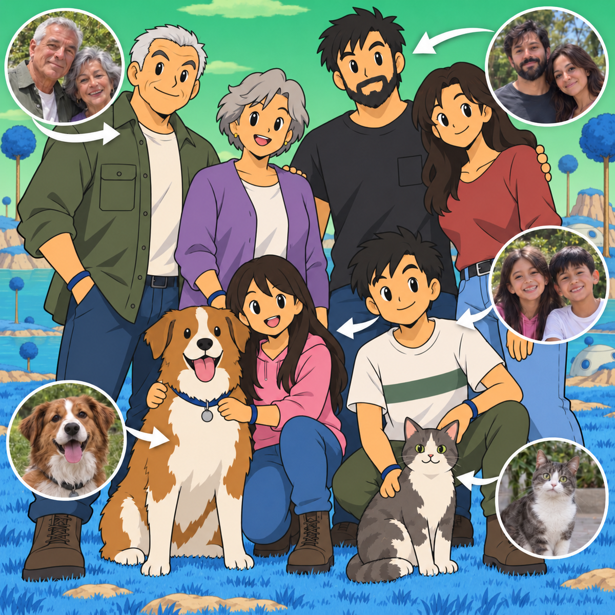 Custom Dragon Ball Z family portrait with dog and cat on Planet Namek
