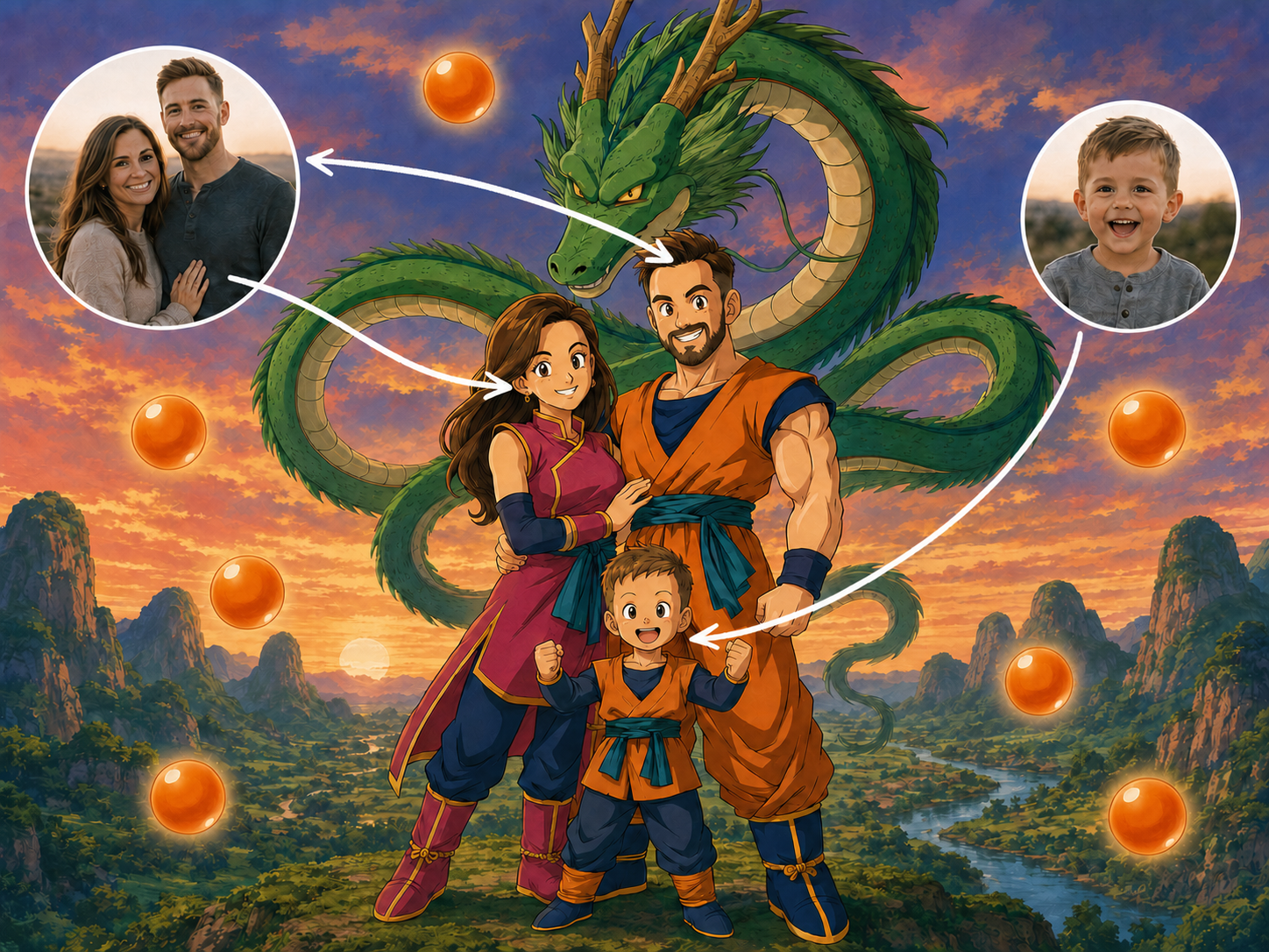Custom Dragon Ball Z family portrait with emerald wish dragon